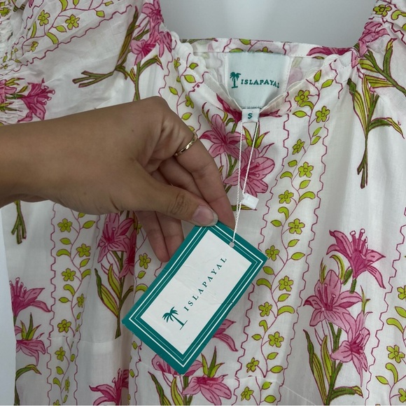 Islapayal Pink Floral Puff Sleeve Off-the-Shoulder Bohemian Midi Dress Small NWT - Picture 4 of 9